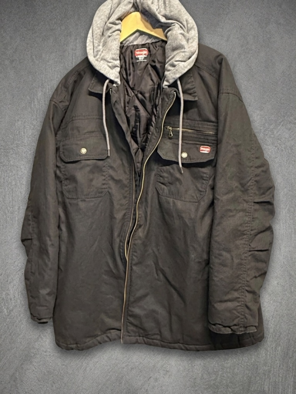 Wrangler Workwear Mens 3XL Black Hooded Canvas Jacket Quilted Lined Utility Coat